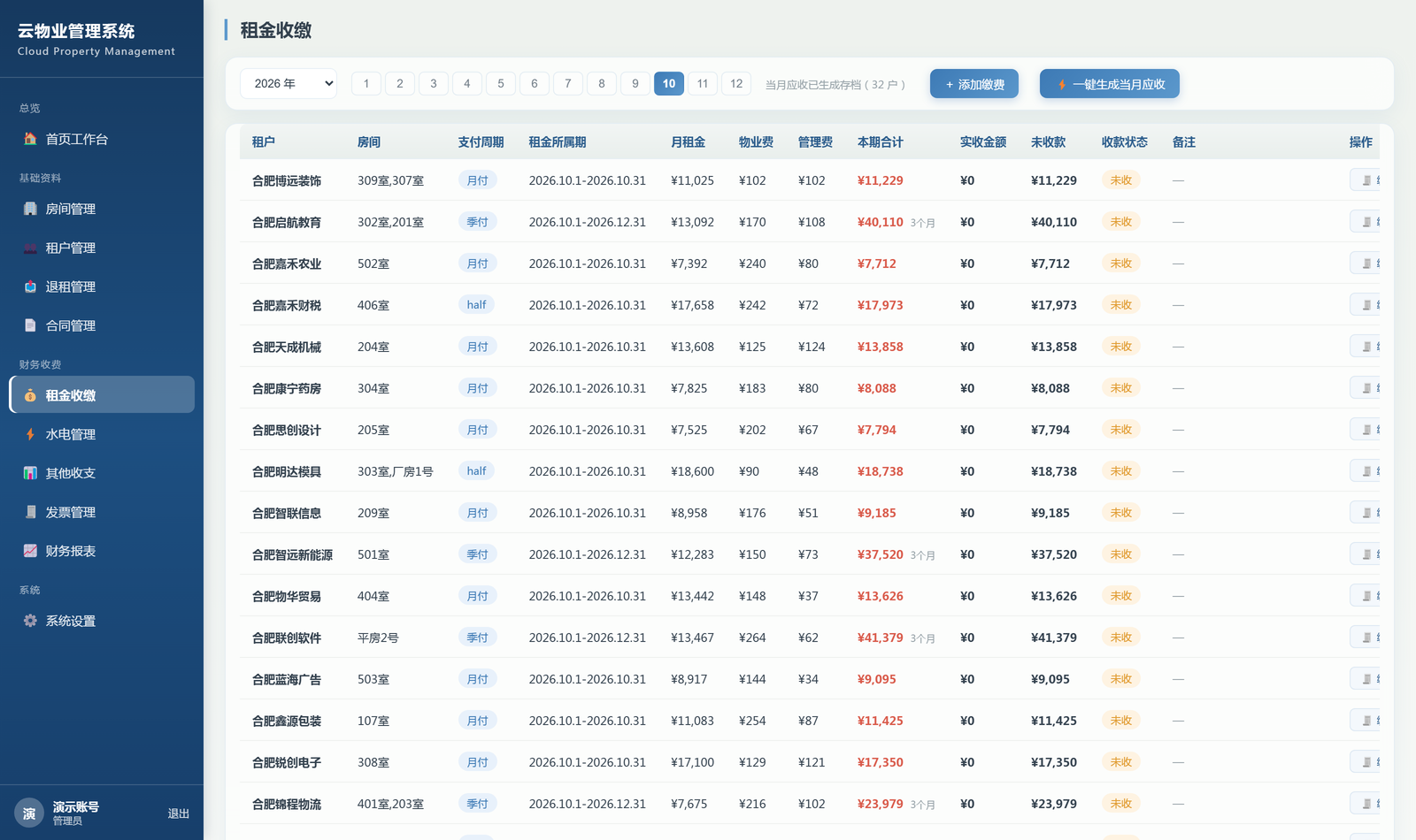 租金收缴：按月列出各租户应收周期、本期金额、实收金额与欠款状态